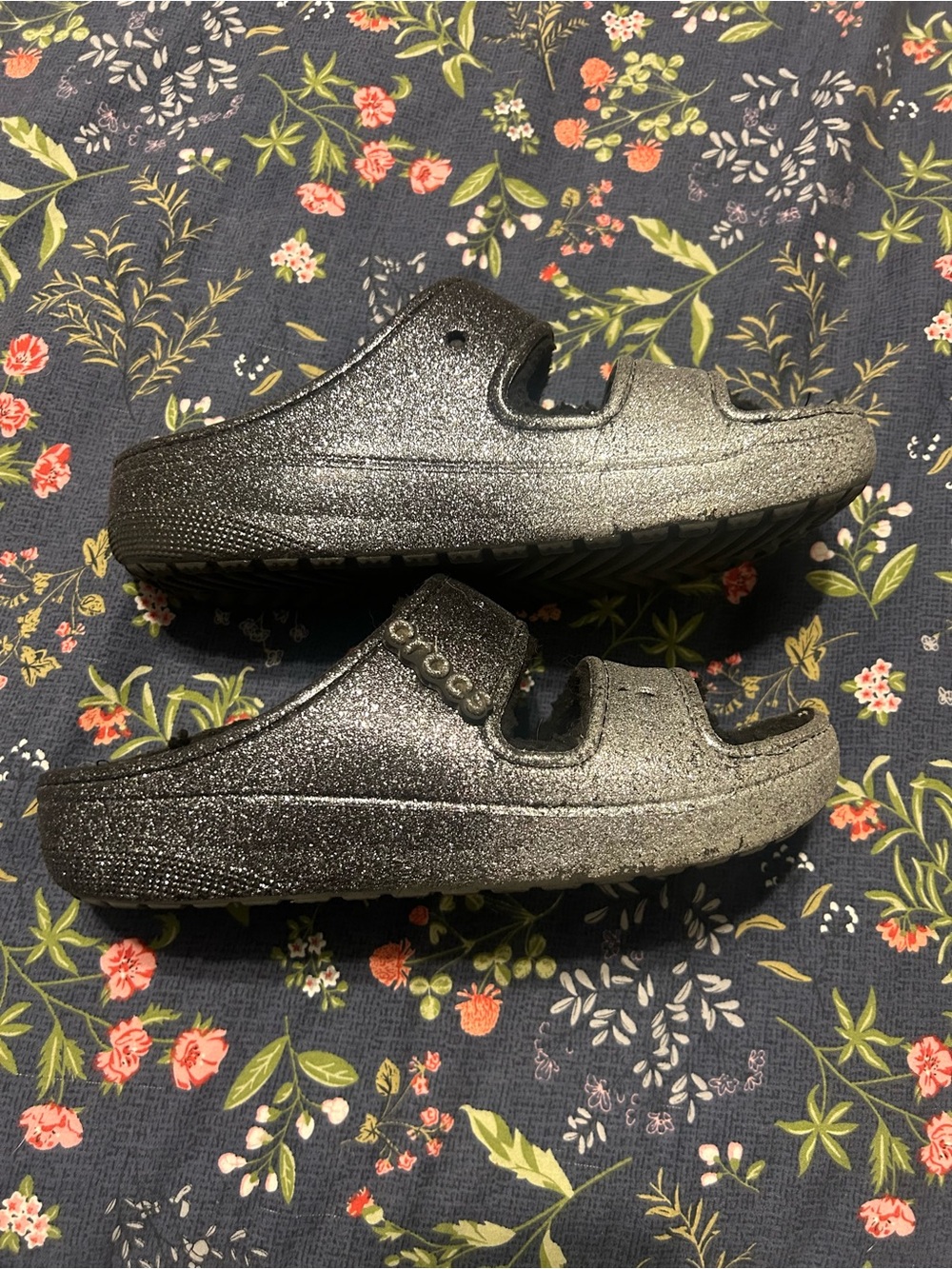 Women’s Glitter CROCS Slide Sandals - Metallic Silver
